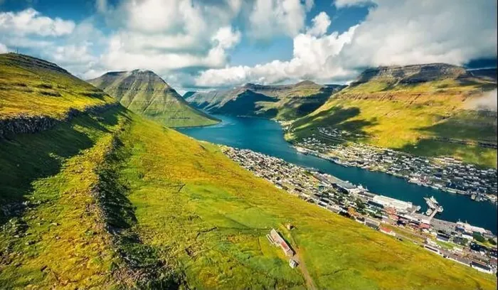 Framed Print : View from flying drone of second biggest city of Faroe islands - Klaksvik Framed Print : View from flying drone of second biggest city of Faroe islands - Klaksvik