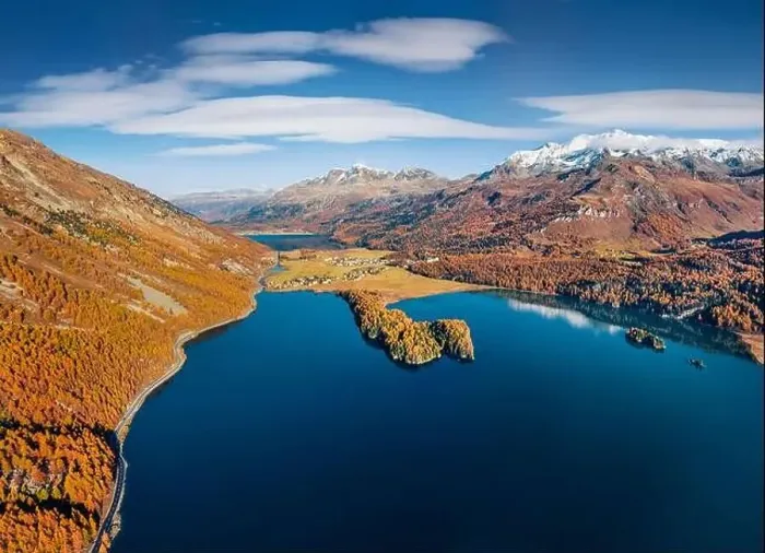 Framed Print : View from flying drone of Sils lake Framed Print : View from flying drone of Sils lake