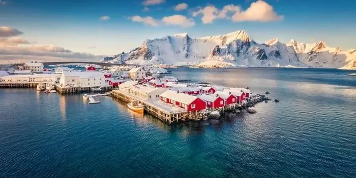 Framed Print : View from flying drone of small fishing town - Hamnoy Framed Print : View from flying drone of small fishing town - Hamnoy