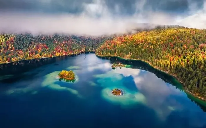 Framed Print : View from flying drone. Small islands on Eibsee lake Framed Print : View from flying drone. Small islands on Eibsee lake