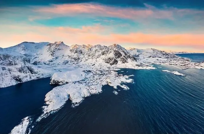 Framed Print : View from flying drone of southernmost of Lofoten islands town Framed Print : View from flying drone of southernmost of Lofoten islands town