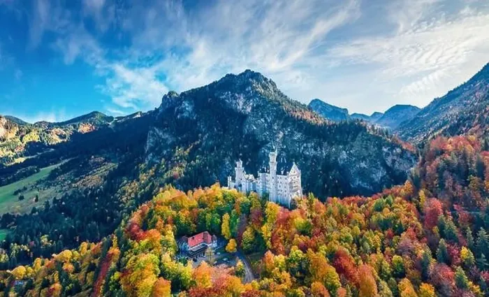 Framed Print : View from flying drone. Spectacular autumn scene of Neuschwanstein Castle Framed Print : View from flying drone. Spectacular autumn scene of Neuschwanstein Castle