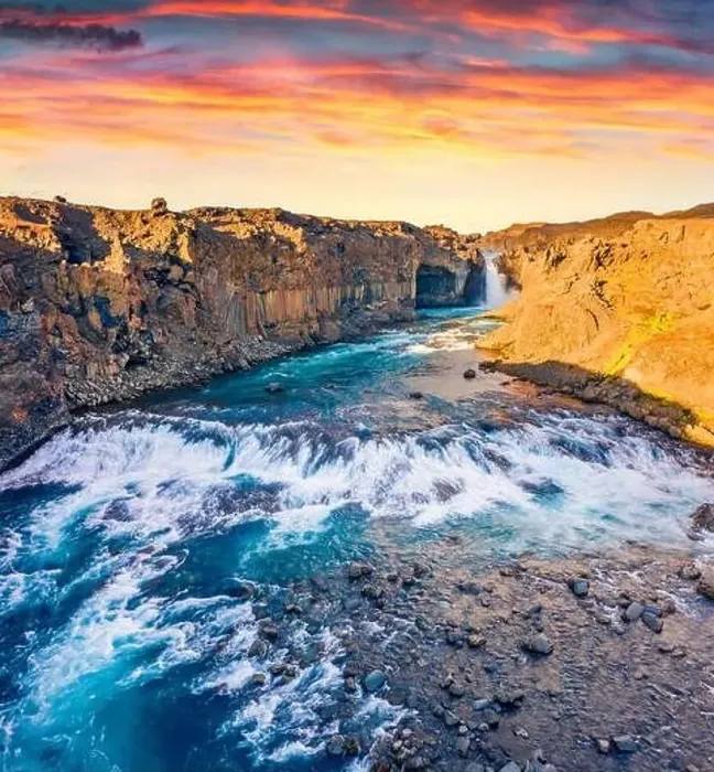 Framed Print : View from flying drone. Spectacular summer sunset on Ingvararfoss waterfall Framed Print : View from flying drone. Spectacular summer sunset on Ingvararfoss waterfall