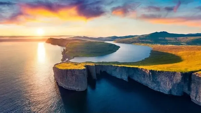 Framed Print : View from flying drone. Splendid evening scene of Sorvagsvatn lake