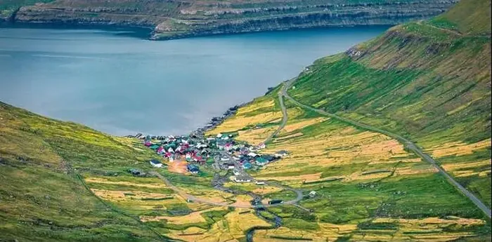 Framed Print : View from flying drone. Splendid morning view of Funningur village Framed Print : View from flying drone. Splendid morning view of Funningur village
