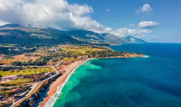 Framed Print : View from flying drone. Splendid morning view of popular italian destination - Guidaloca beach
