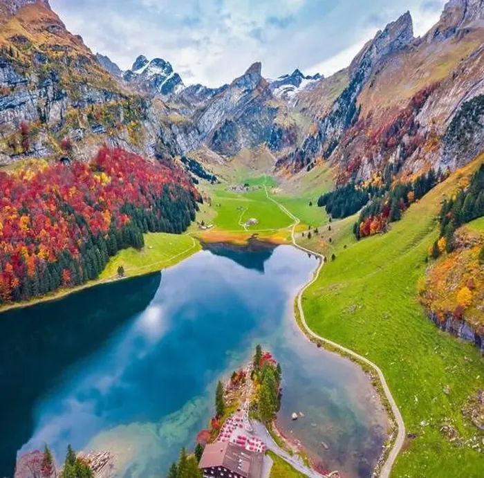 Framed Print : View from flying drone. Splendid morning view of Seealpsee lake Framed Print : View from flying drone. Splendid morning view of Seealpsee lake