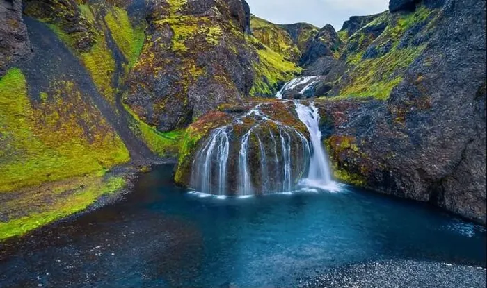 Framed Print : View from flying drone of Stjornarfoss waterfall Framed Print : View from flying drone of Stjornarfoss waterfall