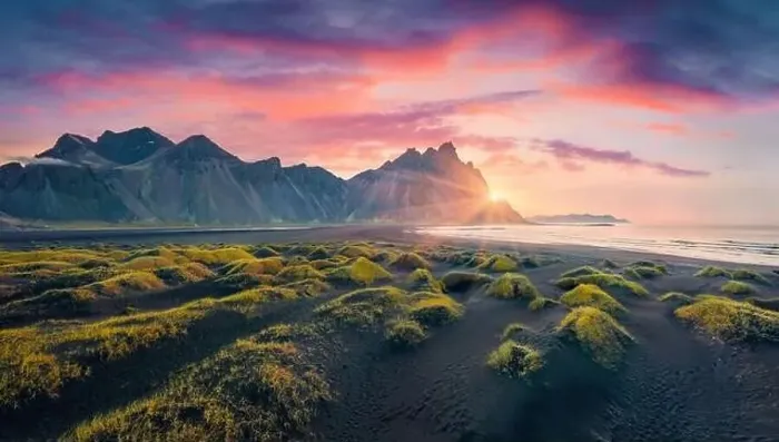 Framed Print : View from flying drone of Stokksnes cape with Vestrahorn (Batman Mountain) on background Framed Print : View from flying drone of Stokksnes cape with Vestrahorn (Batman Mountain) on background