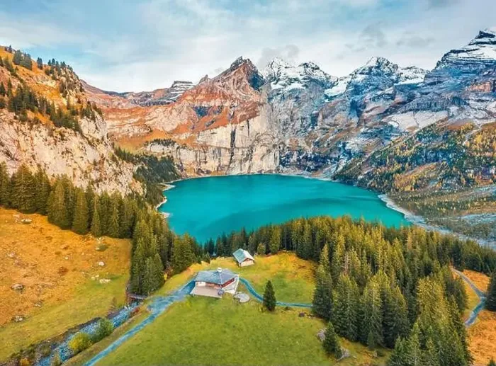 Framed Print : View from flying drone. Stunning autumn view of unique Oeschinensee Lake Framed Print : View from flying drone. Stunning autumn view of unique Oeschinensee Lake
