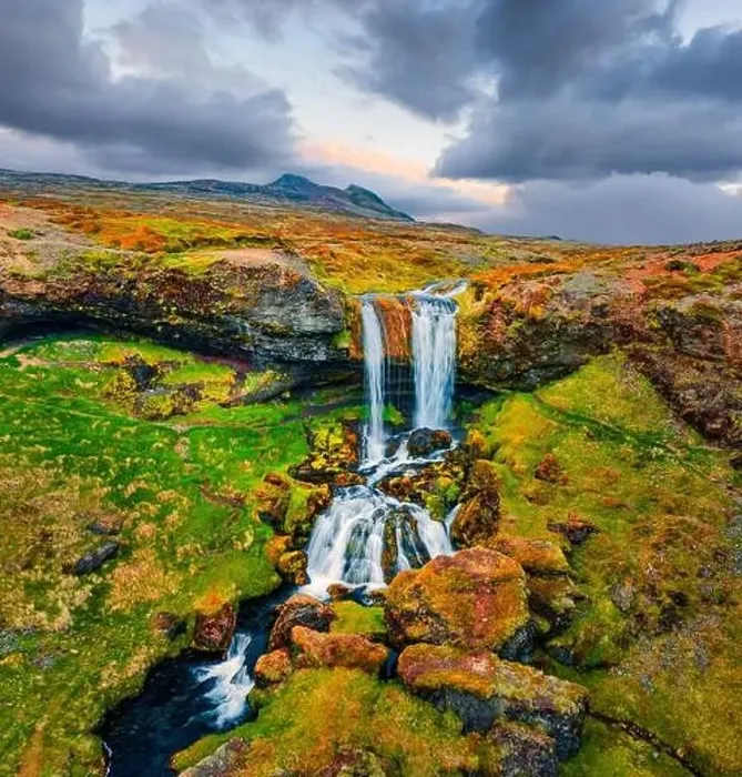 Framed Print : View from flying drone. Stunning morning scene of Sheep's Waterfall