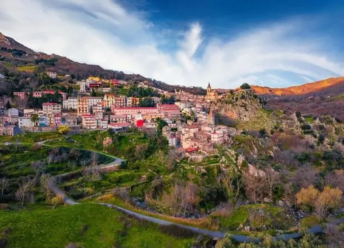 Framed Print : View from flying drone. Stunning spring cityscape of Novara di Sicilia town Framed Print : View from flying drone. Stunning spring cityscape of Novara di Sicilia town