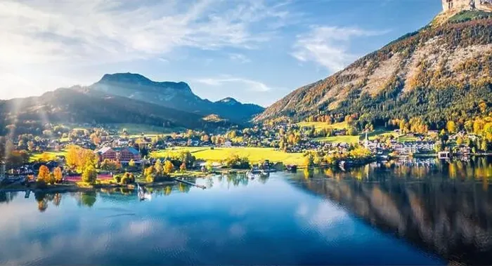 Framed Print : View from flying drone. Sunny autumn view of Altaussee village Framed Print : View from flying drone. Sunny autumn view of Altaussee village