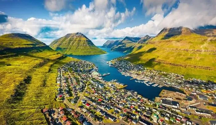 Framed Print : View from flying drone. Sunny summer cityscape of Klaksvik town Framed Print : View from flying drone. Sunny summer cityscape of Klaksvik town