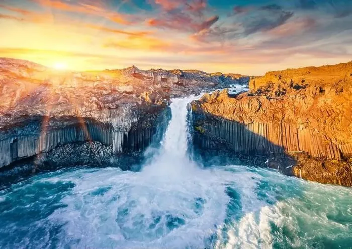 Framed Print : View from flying drone. Sunny summer sunset on Aldeyjarfoss waterfall Framed Print : View from flying drone. Sunny summer sunset on Aldeyjarfoss waterfall