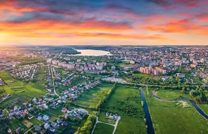 Framed Print : View from flying drone of Ternopil city Framed Print : View from flying drone of Ternopil city