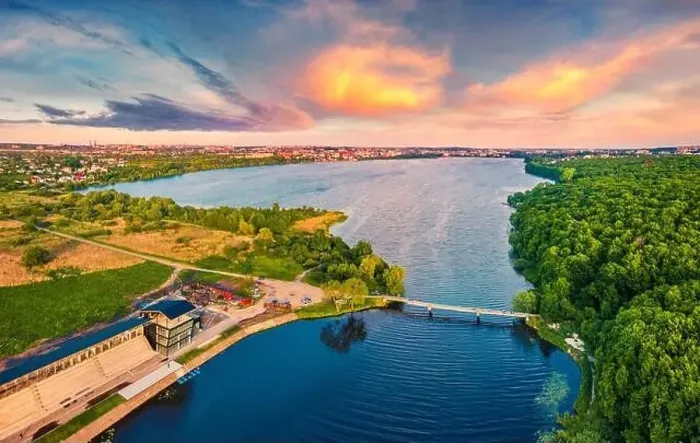 Framed Print : View from flying drone of Ternopil lake Framed Print : View from flying drone of Ternopil lake