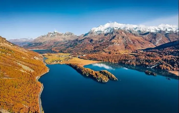 Framed Print : View from flying drone. Unbelievable autumn view of Sils lake Framed Print : View from flying drone. Unbelievable autumn view of Sils lake
