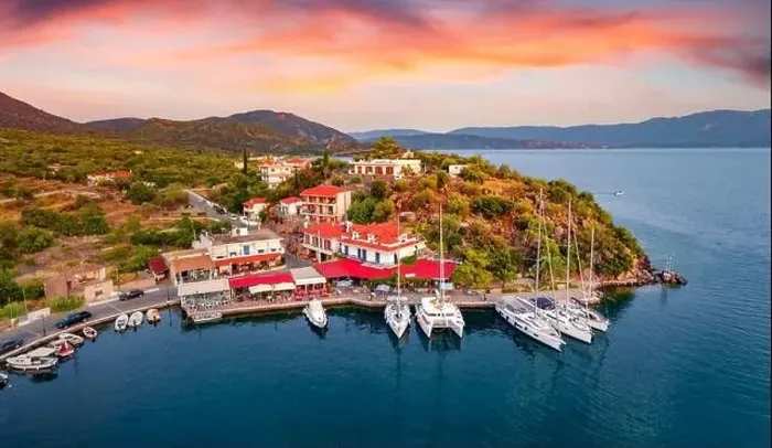 Framed Print : View from flying drone of Vathi port Framed Print : View from flying drone of Vathi port
