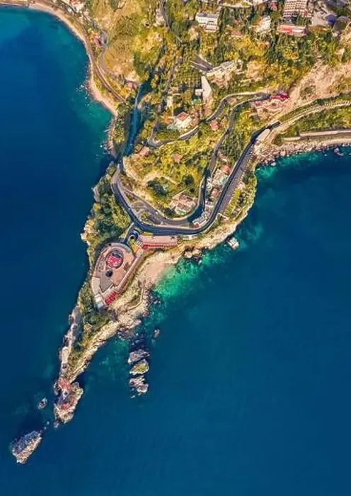 Framed Print : View from flying drone. Top down view of Taormina town Framed Print : View from flying drone. Top down view of Taormina town