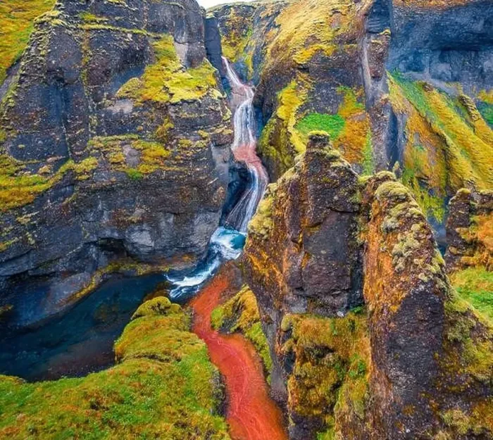 Framed Print : View from flying drone of waterfall in Fjadrargljufur canyon Framed Print : View from flying drone of waterfall in Fjadrargljufur canyon