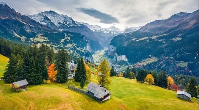 Framed Print : View from flying drone of Wengen village Framed Print : View from flying drone of Wengen village