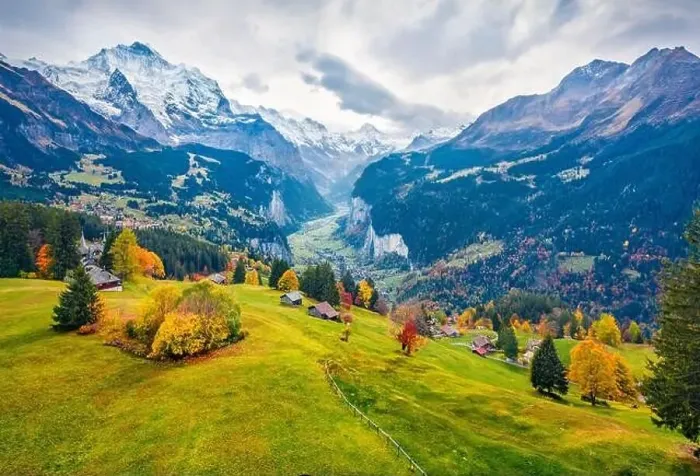 Framed Print : View from flying drone of Wengen village Framed Print : View from flying drone of Wengen village