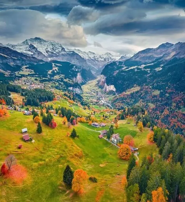 Framed Print : View from flying drone of Wengen village Framed Print : View from flying drone of Wengen village