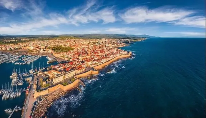 Framed Print : View from flying drone. Wonderful summer cityscape of Alghero port