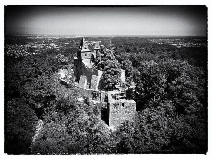 Framed Print : View over Frankenstein Castle towards Darmstadt and Frankfurt, black and white film look Framed Print : View over Frankenstein Castle towards Darmstadt and Frankfurt, black and white film look