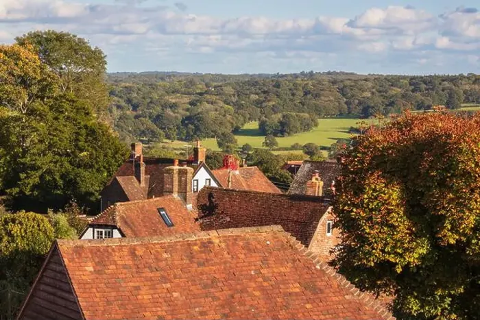 Framed Print : View of High Weald landscape behind village cottage rooftops, Burwash, East Sussex, England, United Kingdom, Europe Framed Print : View of High Weald landscape behind village cottage rooftops, Burwash, East Sussex, England, United Kingdom, Europe