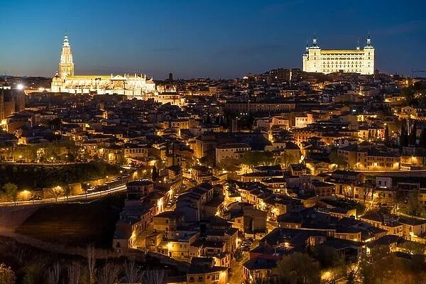 View of the medieval center of the city of Toledo, Spain. It features the Tejo river, the Cathedral and Alczar of Toledo, Spain