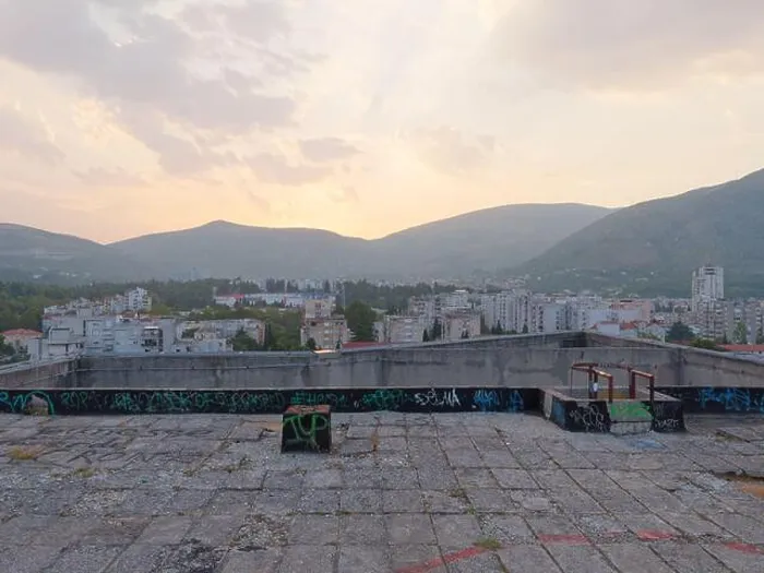 Framed Print : View of Mostar from roof of a derelict multi storey building known as The Sniper Tower since Bosnian war Framed Print : View of Mostar from roof of a derelict multi storey building known as The Sniper Tower since Bosnian war