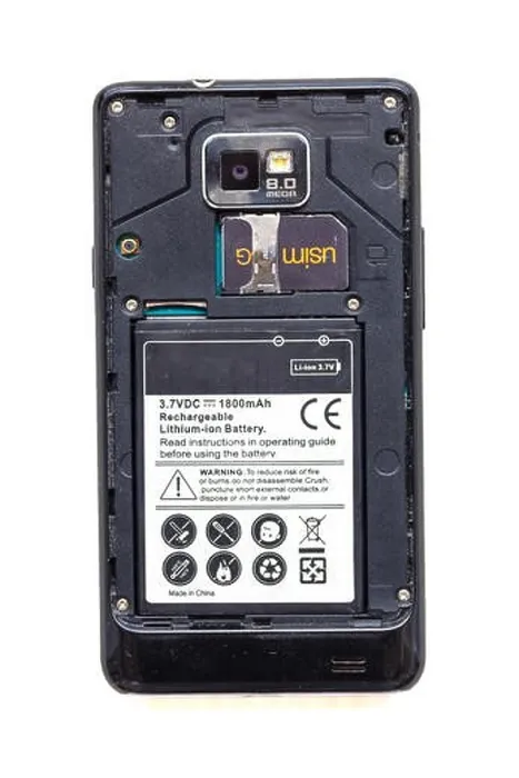 Framed Print : Back view of old smartphone with open cover isolated on white background. The battery and sim card are visible Framed Print : Back view of old smartphone with open cover isolated on white background. The battery and sim card are visible