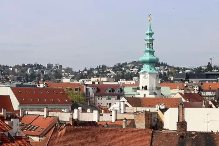 Framed Print : View of the Old Town from the Castle Hill, Bratislava, Slovakia. Street view, old red roofed houses. Spring in Europe Framed Print : View of the Old Town from the Castle Hill, Bratislava, Slovakia. Street view, old red roofed houses. Spring in Europe