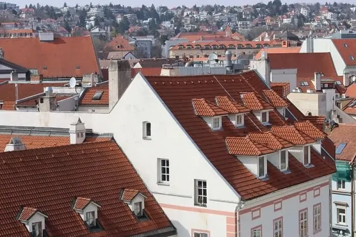 Framed Print : View of the Old Town from the Castle Hill, Bratislava, Slovakia. Street view, old red roofed houses. Spring in Europe Framed Print : View of the Old Town from the Castle Hill, Bratislava, Slovakia. Street view, old red roofed houses. Spring in Europe