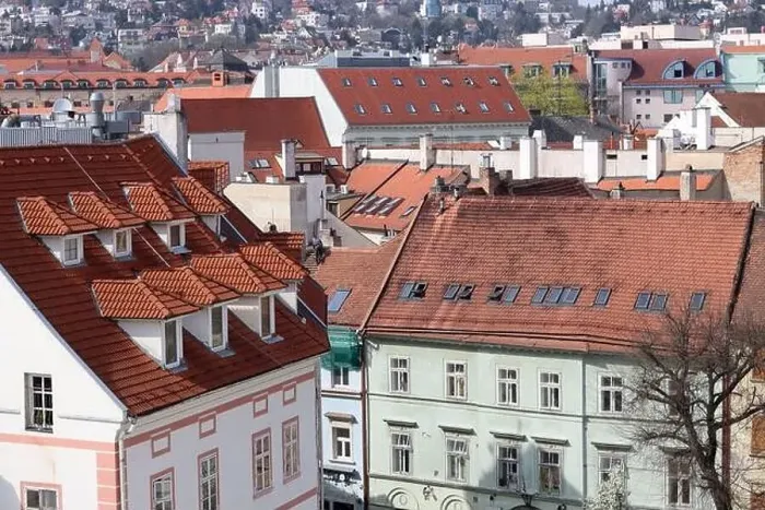 Framed Print : View of the Old Town from the Castle Hill, Bratislava, Slovakia. Street view, old red roofed houses. Spring in Europe Framed Print : View of the Old Town from the Castle Hill, Bratislava, Slovakia. Street view, old red roofed houses. Spring in Europe