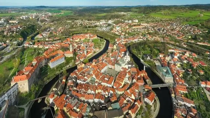 Framed Print : Top view of Old Town Cesky Krumlov and river Vltava, Czech Republic Framed Print : Top view of Old Town Cesky Krumlov and river Vltava, Czech Republic