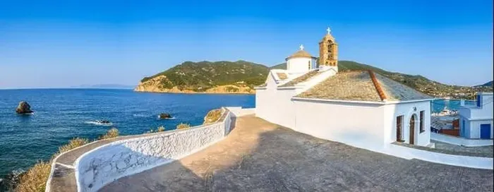 Framed Print : View of Panagitsa Tou Pirgou church over the bay, Skopelos, Greece Framed Print : View of Panagitsa Tou Pirgou church over the bay, Skopelos, Greece