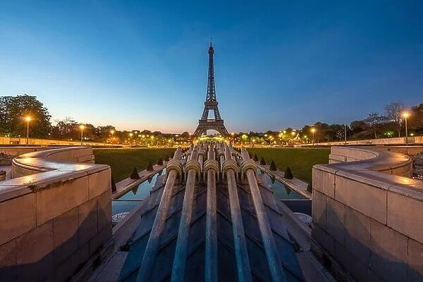 View of Paris and Eiffel tower before sunrise in Paris, France