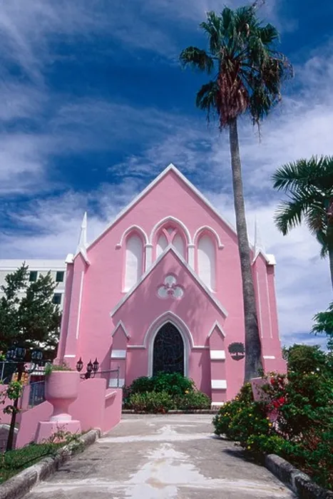 Framed Print : Front View of a Pink Church with Palm Tree St Andrews Church Hamilton Bermuda Framed Print : Front View of a Pink Church with Palm Tree St Andrews Church Hamilton Bermuda