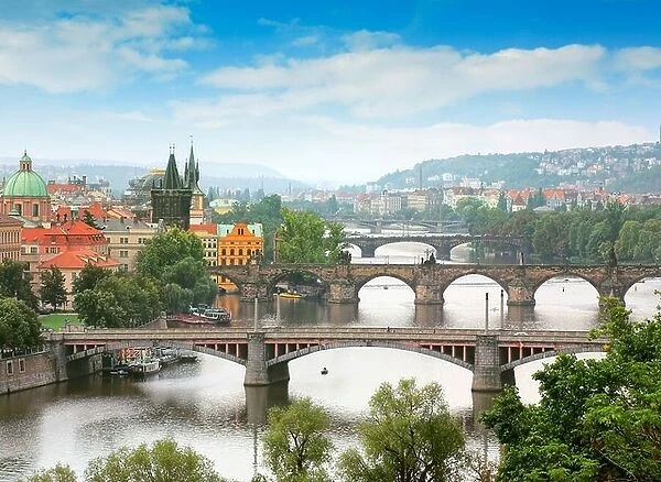View of Prague City with Bridges and River, Prague, Czech Republic