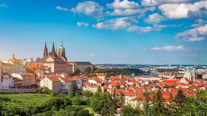 Framed Print : View of Prague featuring historic castle and vibrant rooftops on a sunny day in summer Framed Print : View of Prague featuring historic castle and vibrant rooftops on a sunny day in summer