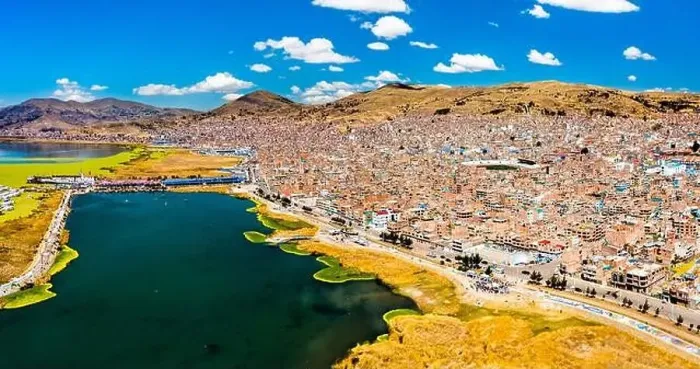 Framed Print : View of Puno with Lake Titicaca in Peru Framed Print : View of Puno with Lake Titicaca in Peru