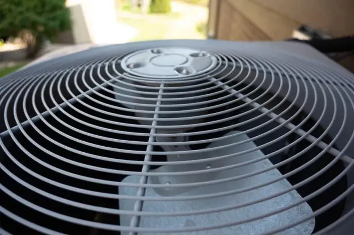 Framed Print : Top view of Residential air conditioning unit outdoors with fan and coils Framed Print : Top view of Residential air conditioning unit outdoors with fan and coils