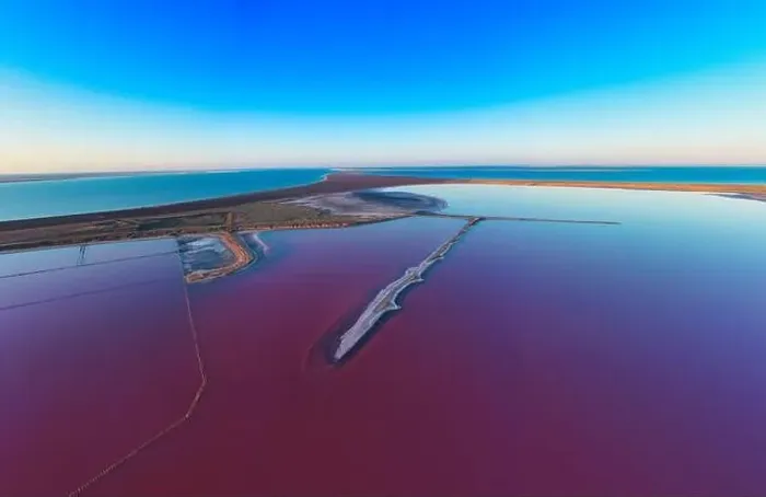 Framed Print : Top view of the salt-covered shore of Pink Lake. Drone view Framed Print : Top view of the salt-covered shore of Pink Lake. Drone view