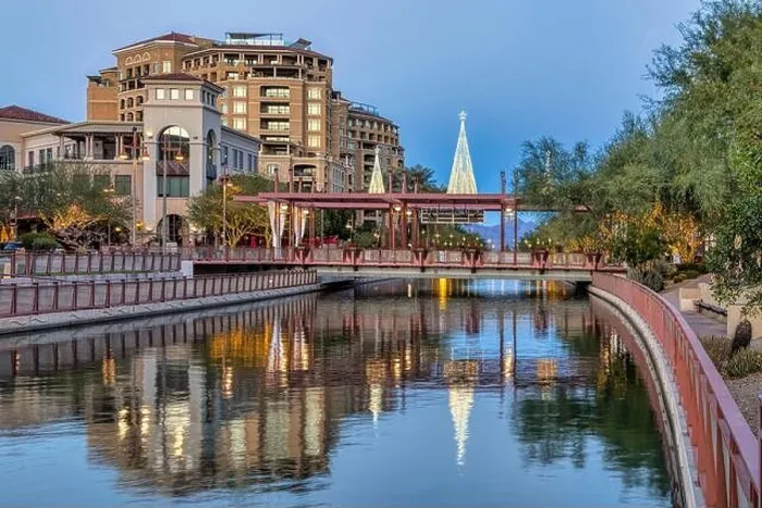 Framed Print : View of Scottsdale, Arizona's waterfront in downtown Scottsdale Framed Print : View of Scottsdale, Arizona's waterfront in downtown Scottsdale