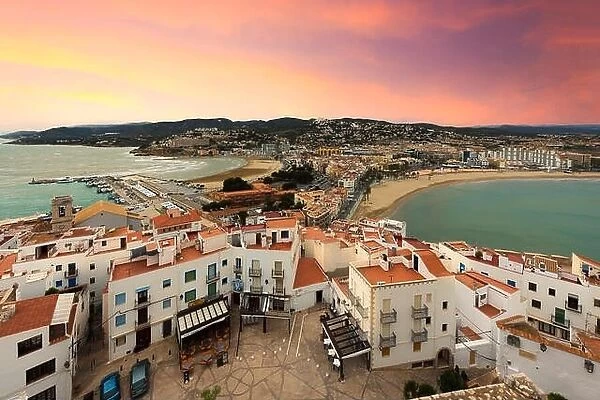 View of the sea from a height of Pope Luna's Castle. Valencia, Spain. Peniscola. Castell. The medieval castle of the Knights Templar on the beach. Bea