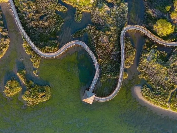 Framed Print : Top view of sea with wooden walkway - Aerial top view of wooden bridge pathway over marshy river with vegetation
