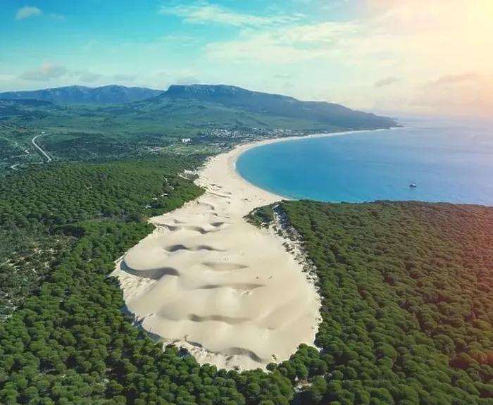 Framed Print : View from above of seascape with sandy Dune and pine forest. Playa Bolonia. Duna de Bolonia. Spain, Europe Framed Print : View from above of seascape with sandy Dune and pine forest. Playa Bolonia. Duna de Bolonia. Spain, Europe